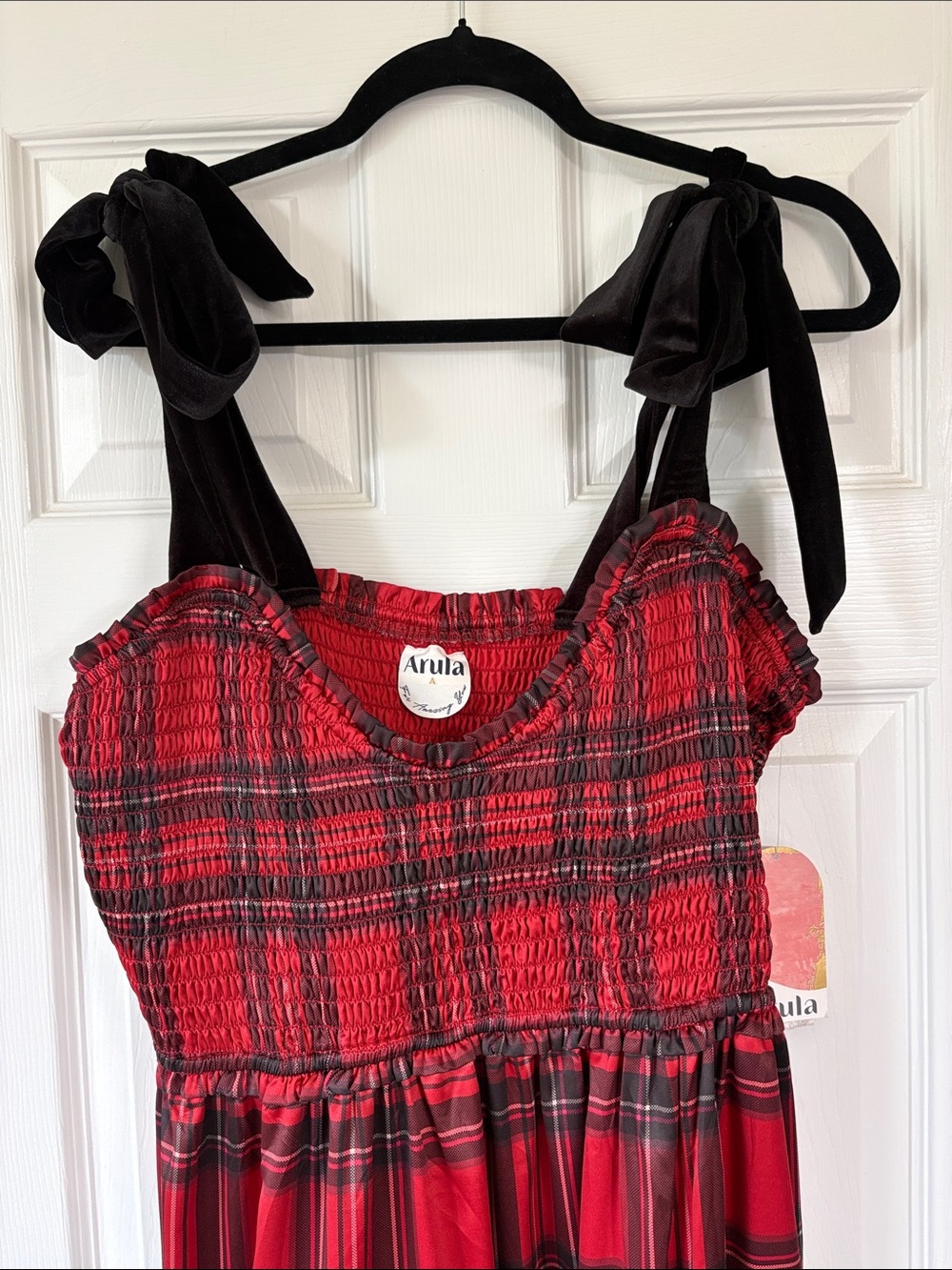 ARULA Red Plaid Tiered Dress with Black Velvet Tie Straps - Picture 2 of 5